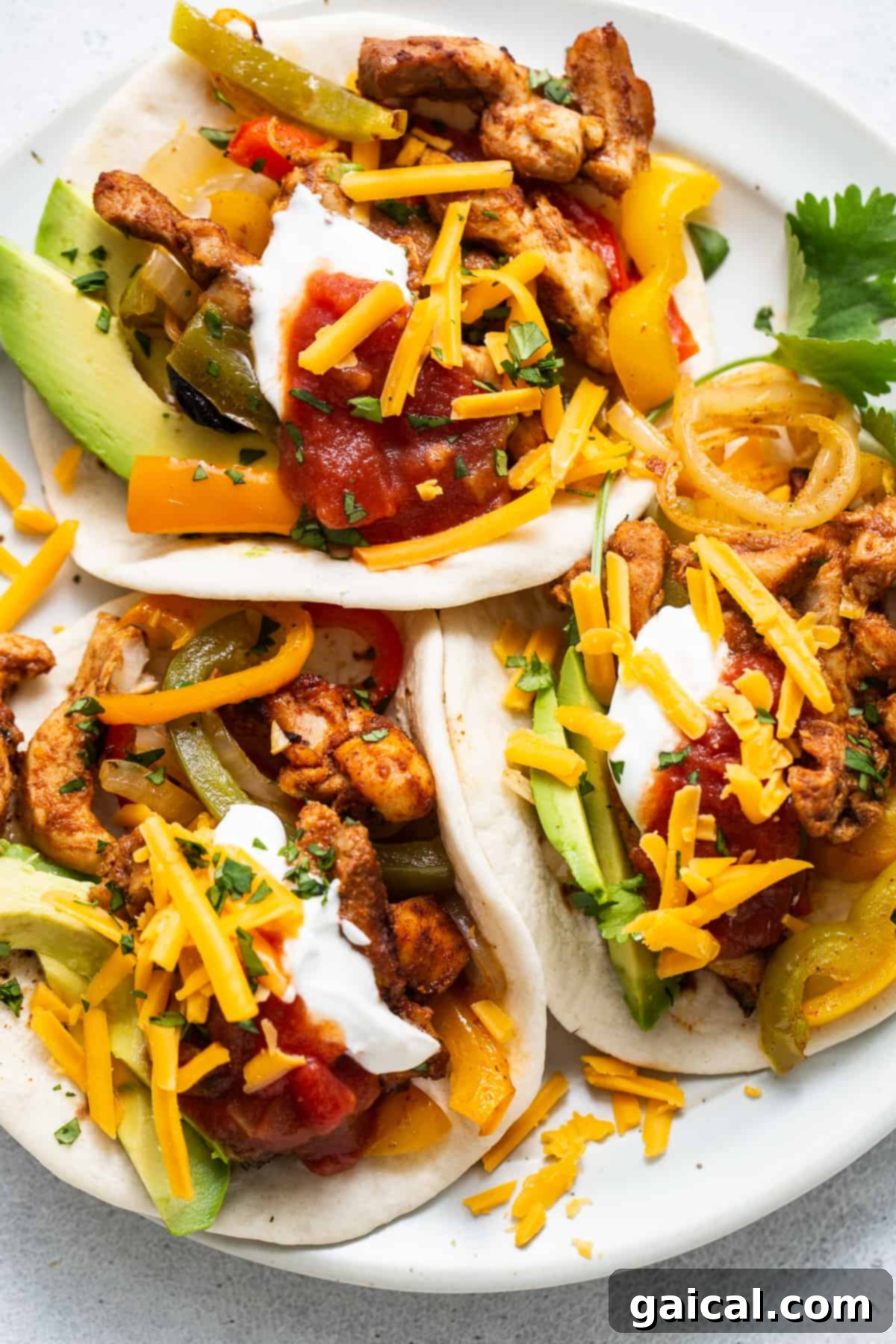 A single serving of chicken fajitas on a white plate, garnished with fresh cilantro.