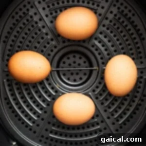 Three eggs are sitting in an air fryer basket, perfectly spaced and ready for cooking.