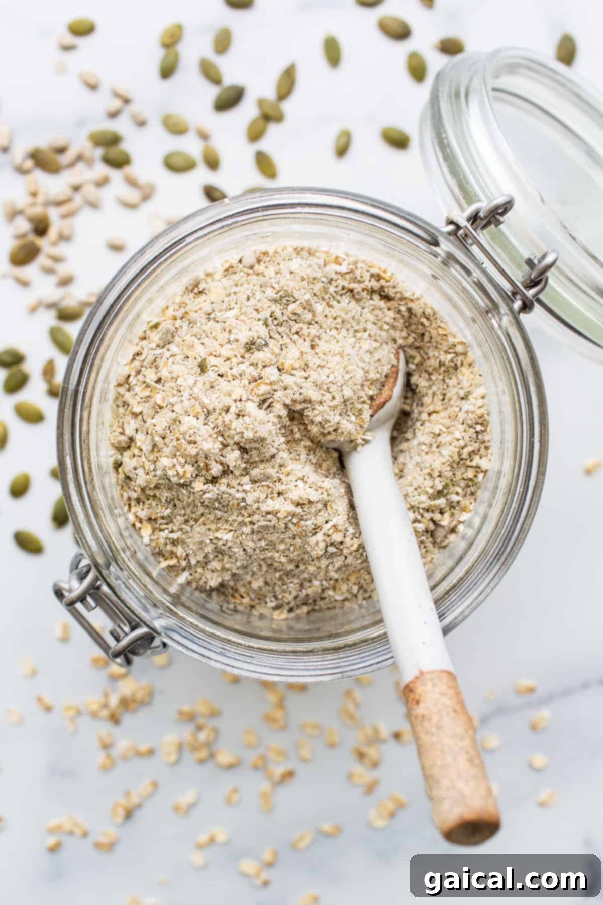 Sunrise Comfort Bowl 4 Porridge dry mix stored in an elegant glass jar, ready for meal prep.
