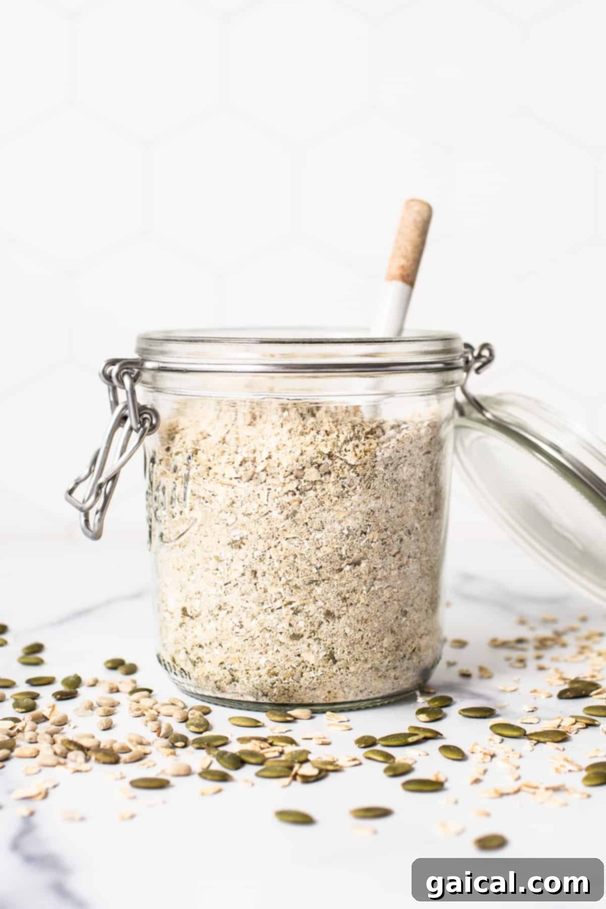 Sunrise Comfort Bowl 5 A large jar filled with the dry porridge mix, labeled for easy identification.
