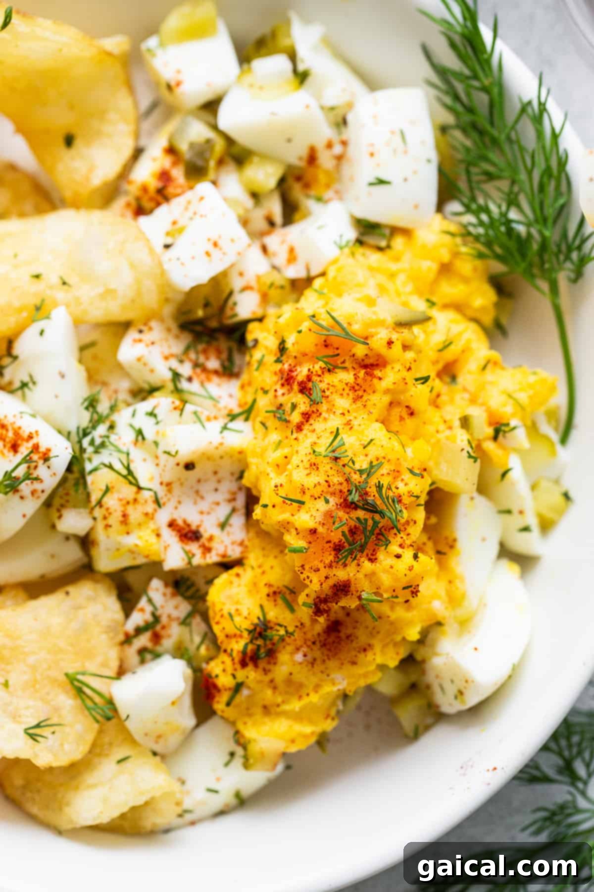 Deviled egg salad adorned with fresh dill. A pristine white bowl filled with deviled egg salad, artfully garnished with a generous amount of fresh dill, ready to be served.