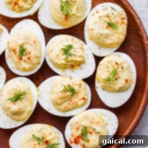 Devilishly Good Egg Spread 2 Close-up of three beautifully arranged classic deviled eggs, garnished with paprika and a sprig of fresh dill on a simple white plate.