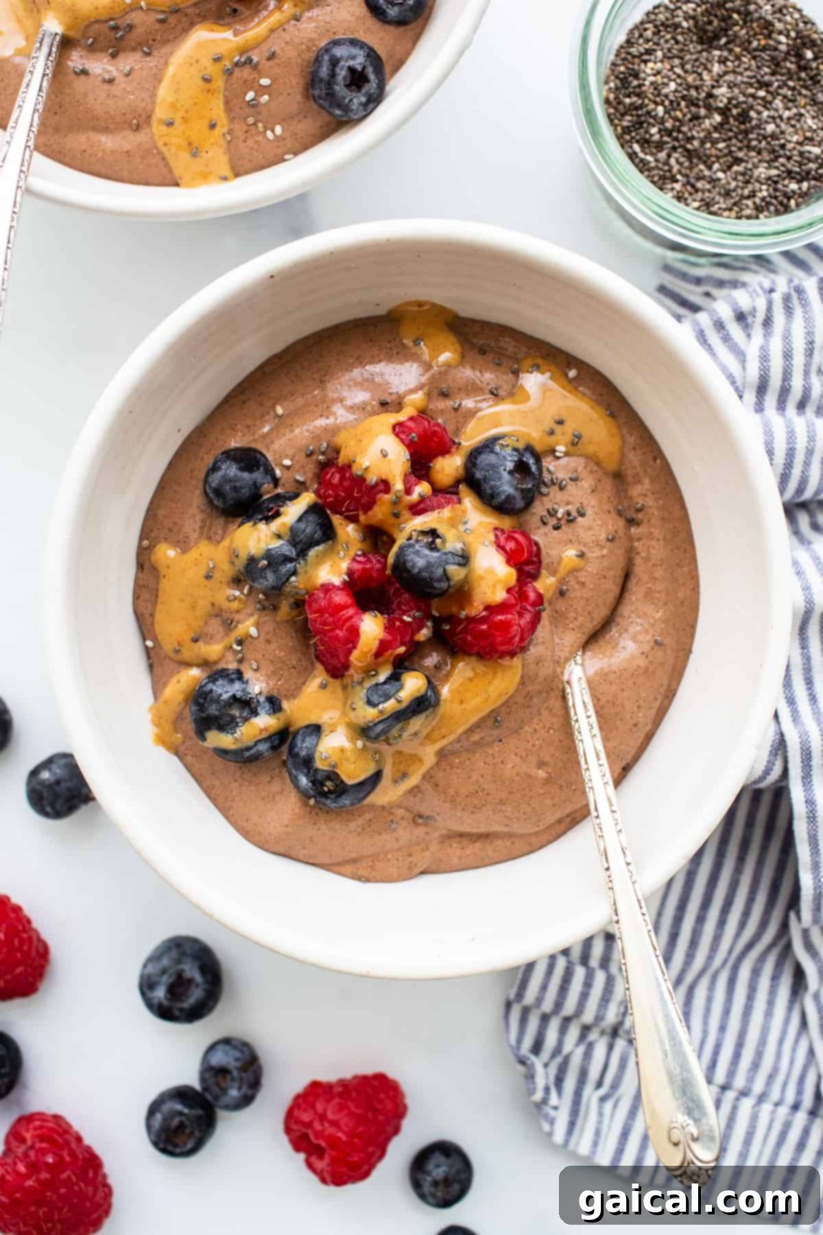 Blended Chia Seed Pudding with Berries and Peanut Butter Blended chia seed pudding in a bowl topped with fresh berries and a drizzle of peanut butter.