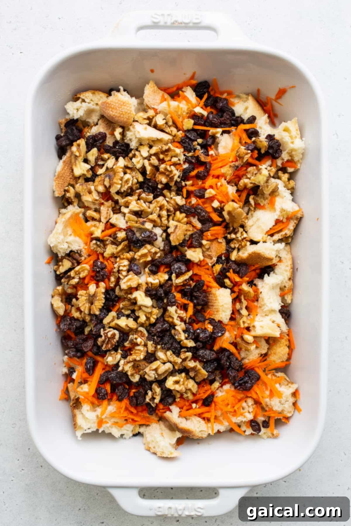 Carrot cake French toast casserole in a casserole dish.