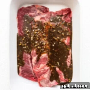 Mastering Skirt Steak Cooking 12 A white dish with a piece of beef soaking in marinade.