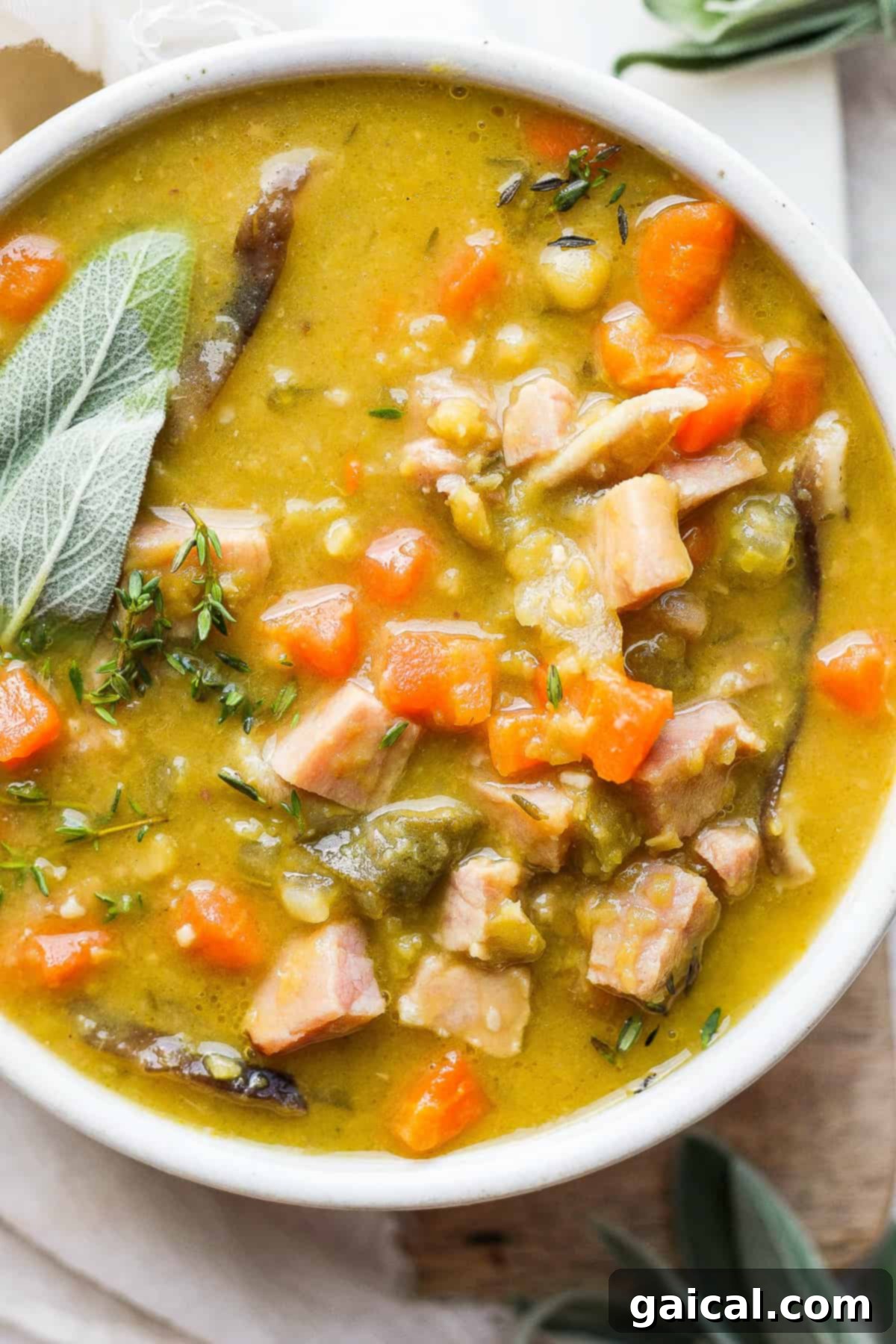 Hearty Ham and Split Pea Soup 8 Bowl of split pea soup with ham.