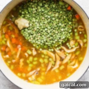Hearty Ham and Split Pea Soup 12 A pot of soup with peas and mushrooms.