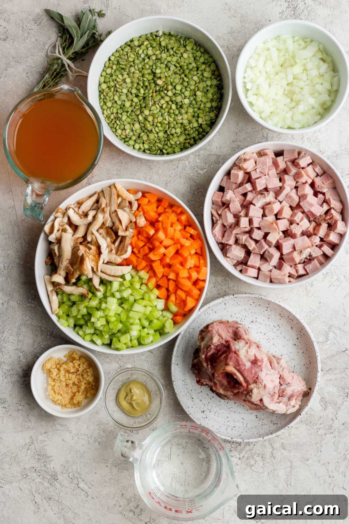 Hearty Ham and Split Pea Soup 3 Ingredients for split pea soup with ham in bowls.