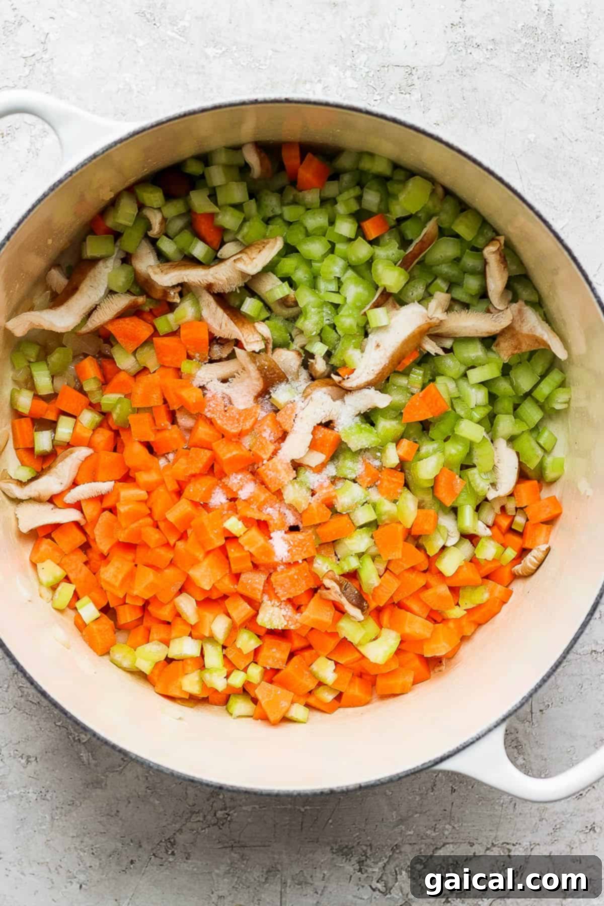 Hearty Ham and Split Pea Soup 5 Diced veggies in a dutch oven.