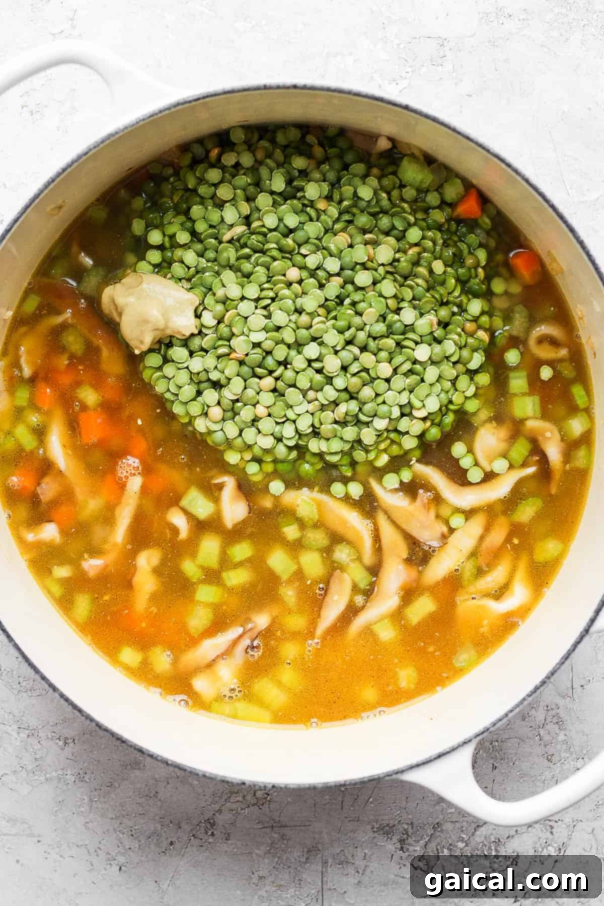 Hearty Ham and Split Pea Soup 6 Split peas in a dutch oven with soup broth.