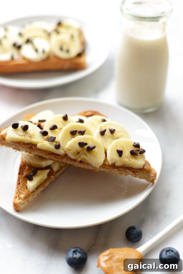 Customize Your Peanut Butter Banana Toast with Endless Toppings Close-up of three pieces of peanut butter banana toast, each topped with a rich layer of peanut butter, perfectly sliced bananas, a glistening drizzle of honey, and a scattering of sweet mini chocolate chips. A healthy and delicious breakfast choice.
