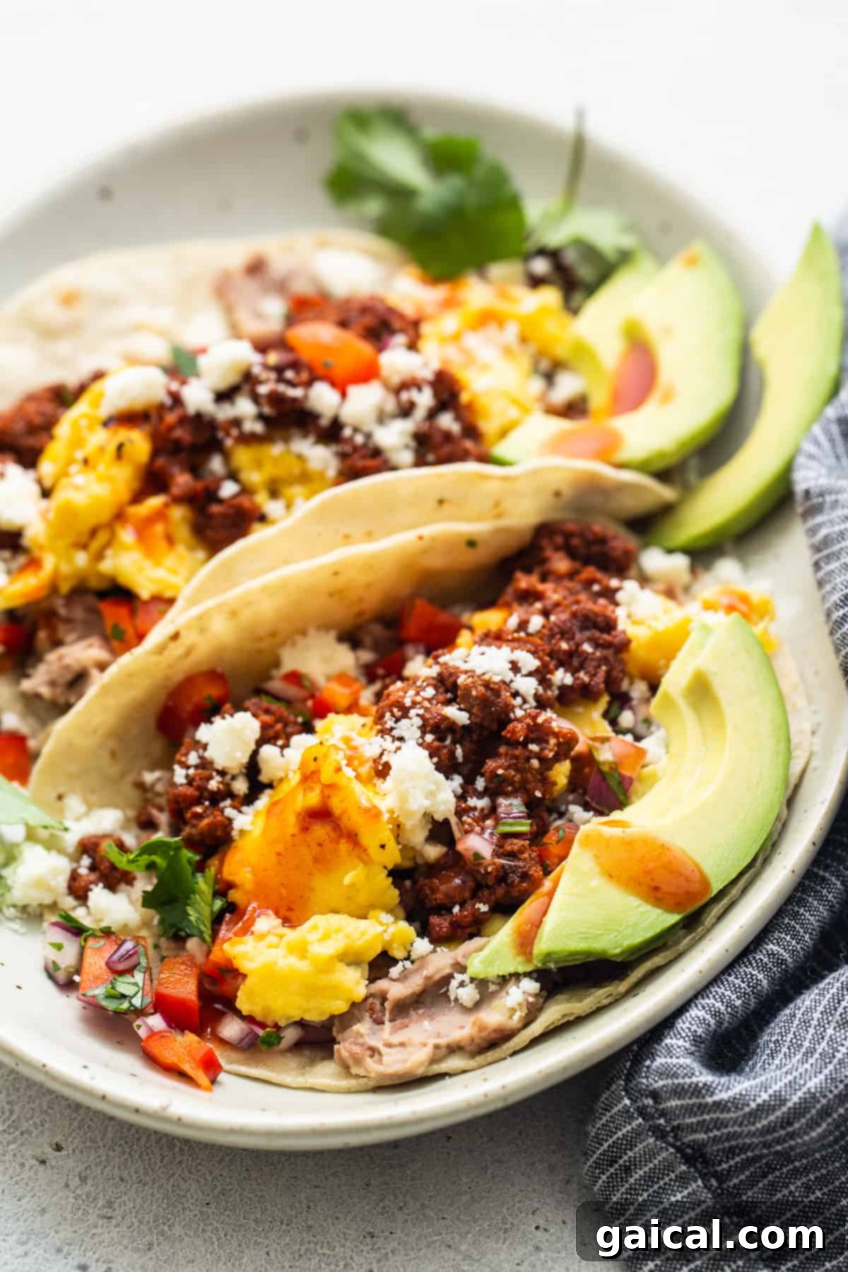 Gourmet Breakfast Tacos with Pico de Gallo Two breakfast tacos on a white plate with a side of fresh pico de gallo, ready to be eaten.