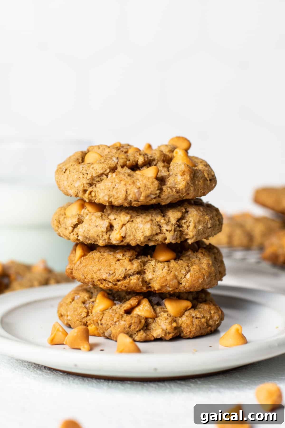 A stack of perfectly baked brown butter oatmeal butterscotch cookies on a small white plate, ready to be enjoyed.