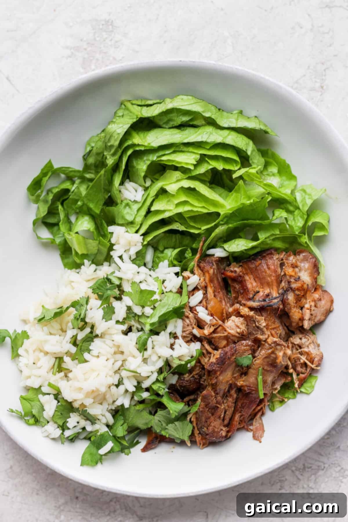 Set It And Forget It Carnitas Burrito Bowls 5 A white plate featuring a portion of golden-brown slow cooker carnitas and fresh greens.