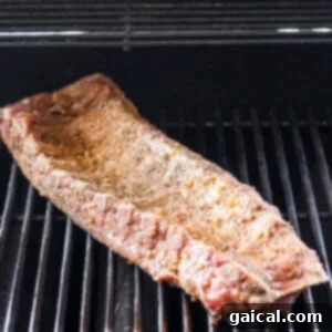 A rack of baby back ribs cooking over indirect heat on a charcoal grill.