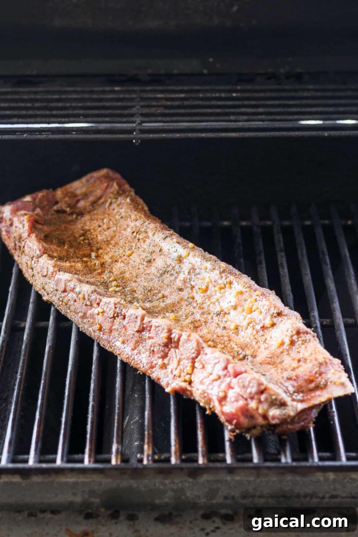 A full rack of marinated and dry-rubbed baby back ribs cooking on the grill grates.