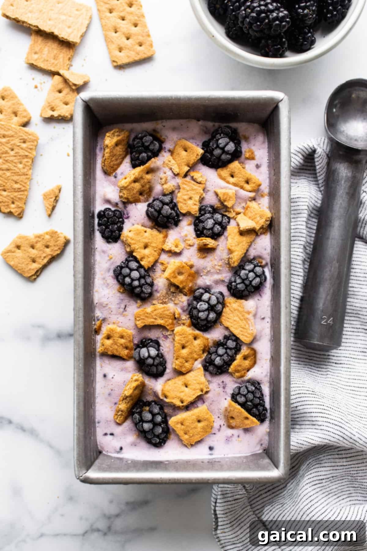 Velvet Blackberry Cheesecake Protein Chill 5 Scooped cottage cheese ice cream with blackberry swirls and graham cracker crumbs in a rustic tin pan.