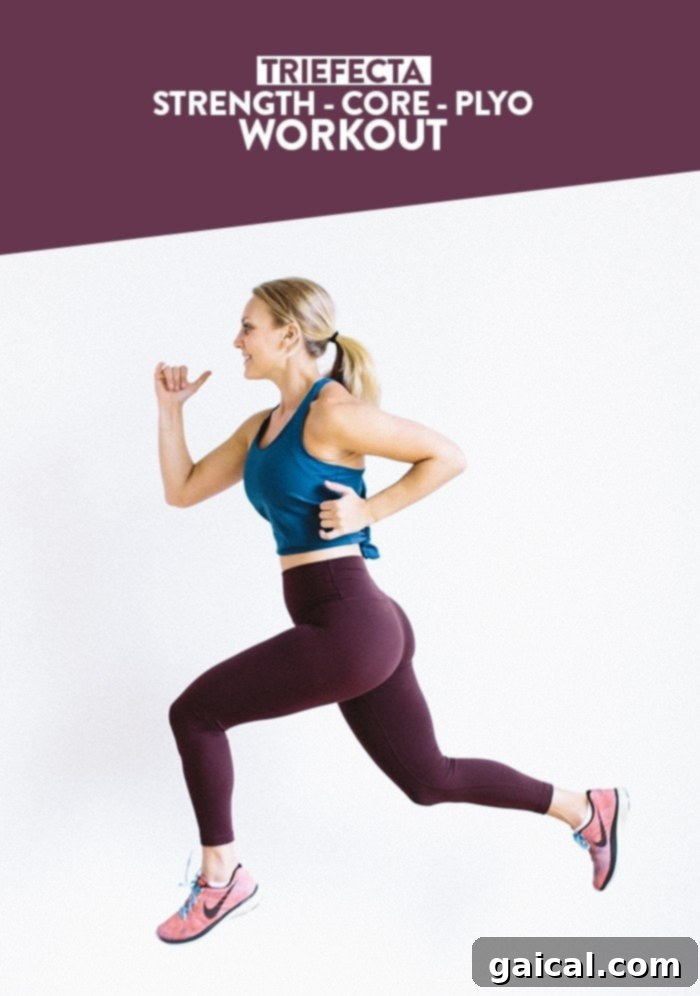 Trifecta Mastery: Strength Core Plyo Dynamics 2 Trifecta workout: A total body burn combining strength, core, and plyometrics using only dumbbells for maximum efficiency.