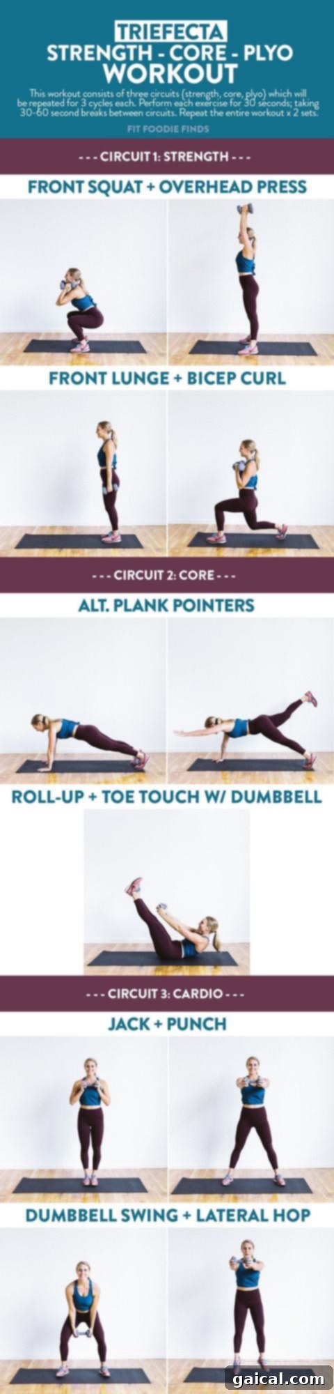 Trifecta Mastery: Strength Core Plyo Dynamics 3 Trifecta workout sequence: Demonstrating strength, core, and plyometric exercises with dumbbells for a comprehensive fitness routine.