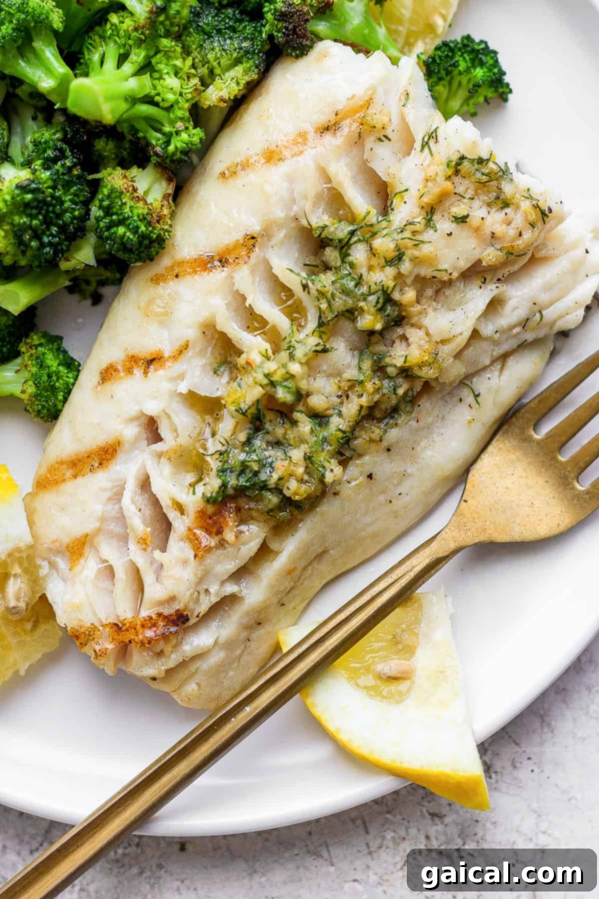 Enjoy Your Perfectly Grilled Fish Meal A beautifully presented plate of grilled fish, garnished with fresh dill, served with a side of steamed broccoli and a lemon wedge, ready to eat.