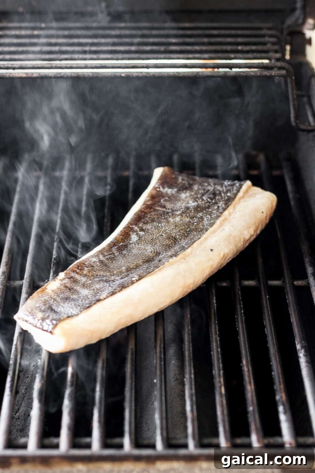 Grilling Fish to Perfection A close-up shot of a white fish fillet cooking on a hot grill grate, showing developing grill marks and a slight char.