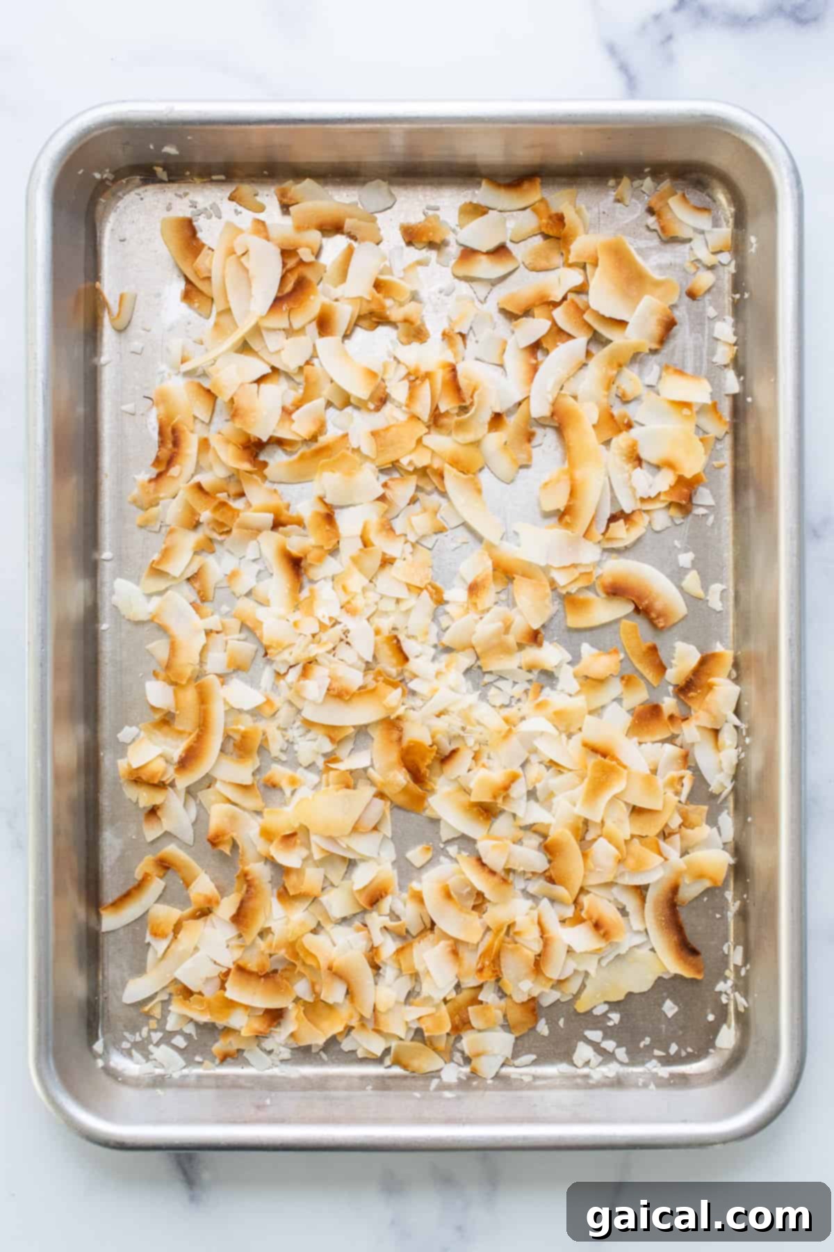 Creamy Coconut Dream Bars 5 A metal pan filled with fully assembled coconut cream pie bars, covered with whipped cream and toasted coconut, ready to be sliced.