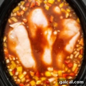 Set-It-and-Forget-It Chicken Tortilla Soup 6 A crock pot filled with chicken and vegetables.