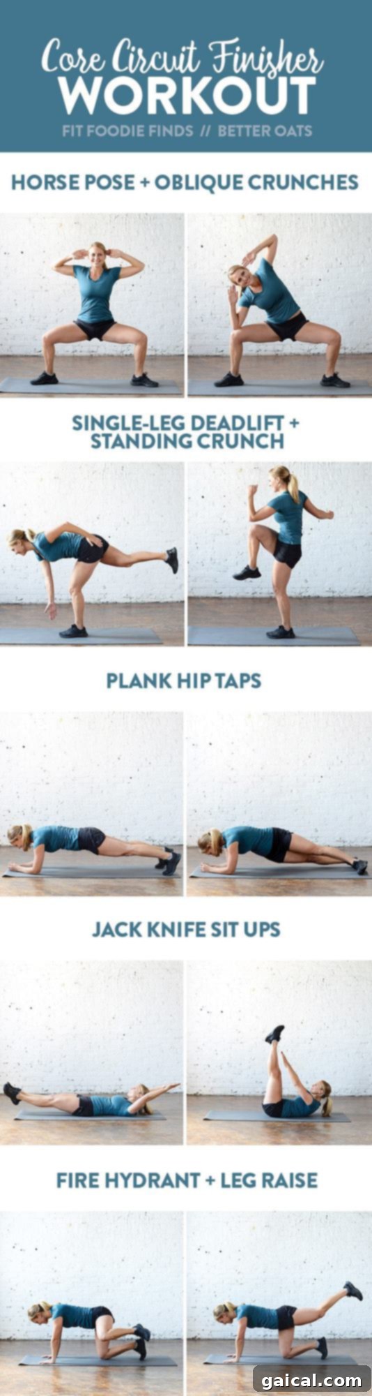 Achieve Core Mastery: The Finisher Circuit Fueled by Better Oats 4 Infographic illustrating proper form for each core circuit exercise, including Horse Pose Oblique Crunches, Plank Hip Taps, Jack Knife Sit Ups, Alternating Single-Leg Deadlift + Crunch, and Alternating Fire Hydrant + Leg Raise.