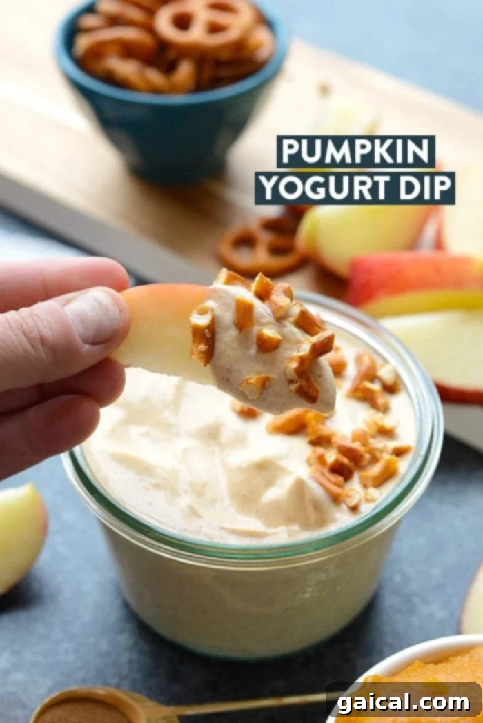 Pumpkin Spice Greek Yogurt Dip 5 A person dipping a pretzel into a bowl of healthy pumpkin Greek yogurt dip, surrounded by dippers.