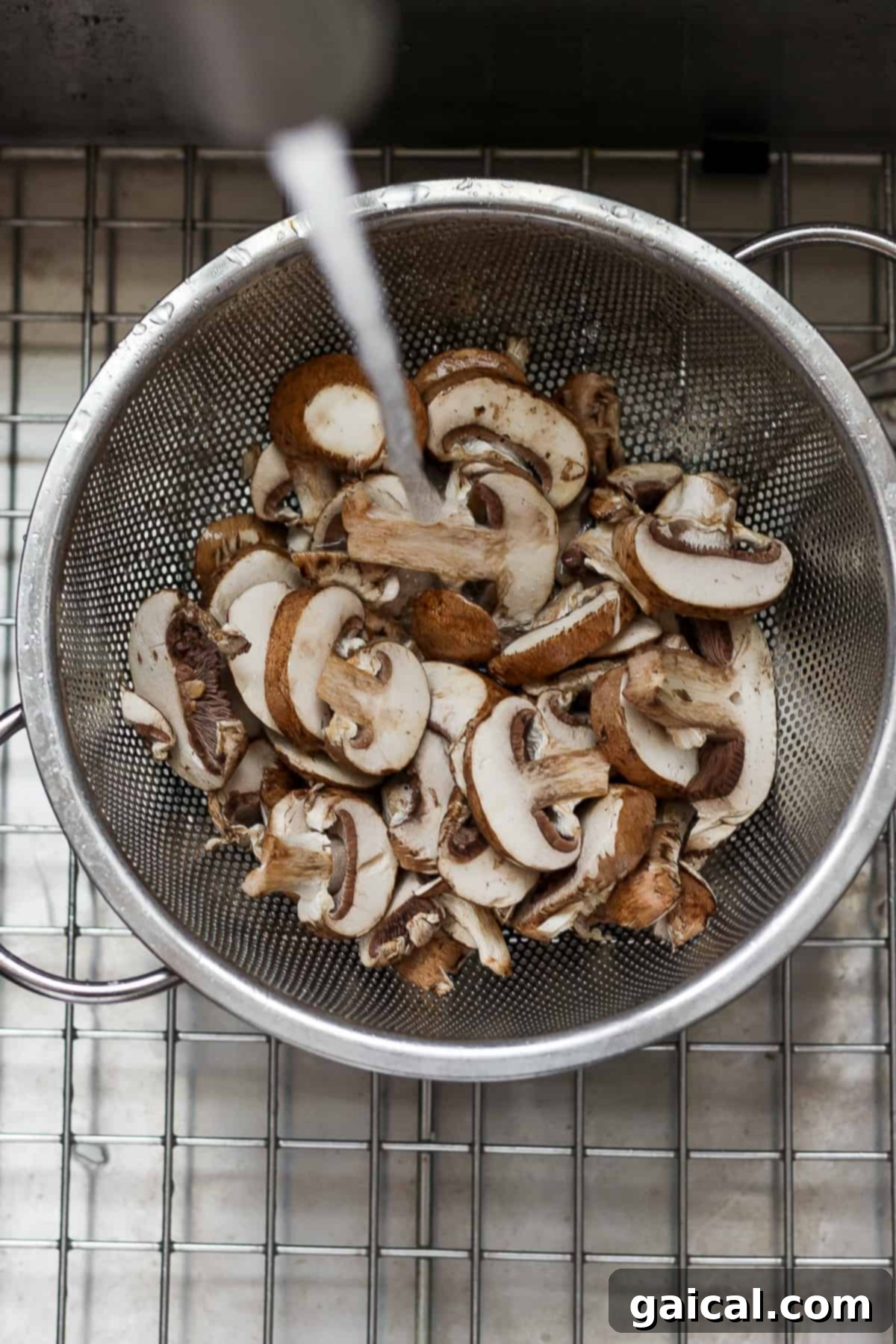 mushrooms in a strainer on a cooling rack.