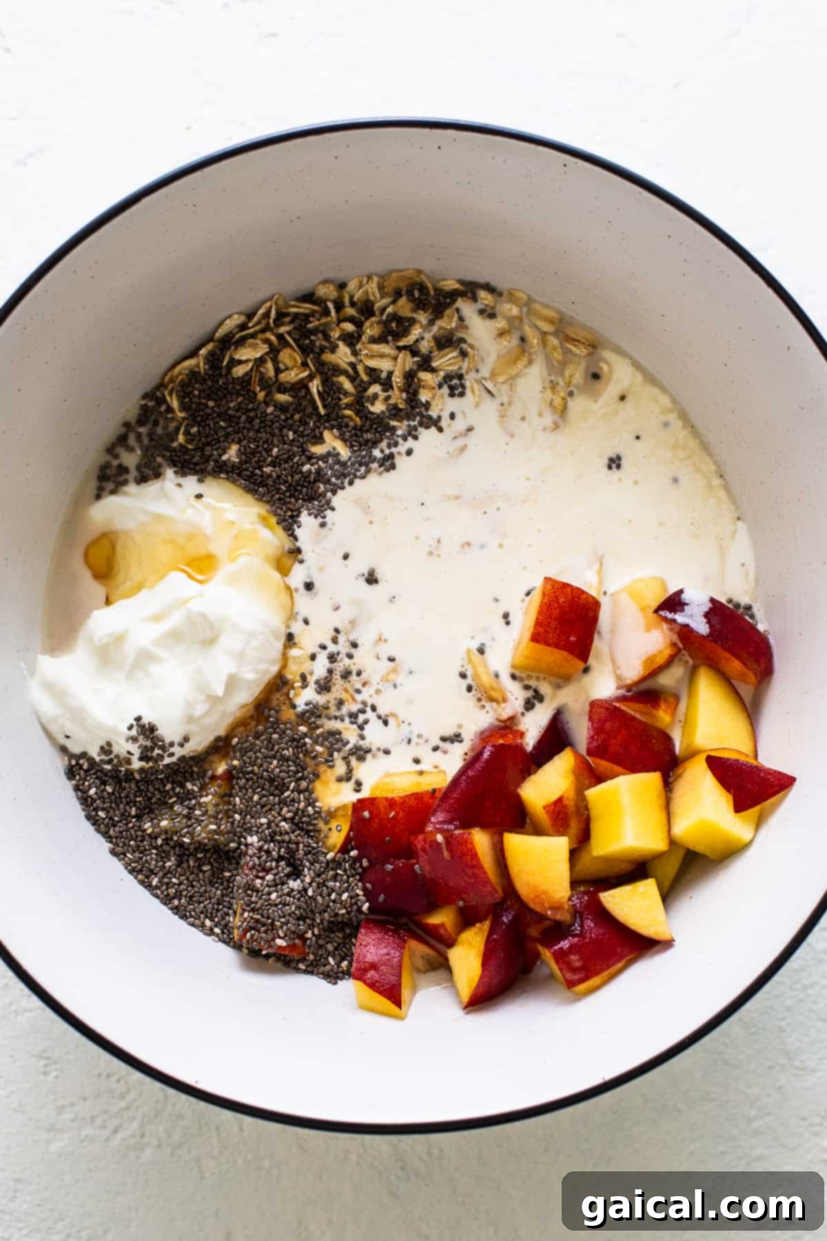 Golden Peach Overnight Bliss 3 Close-up of fresh, ripe peach slices and whole chia seeds, highlighting key ingredients.