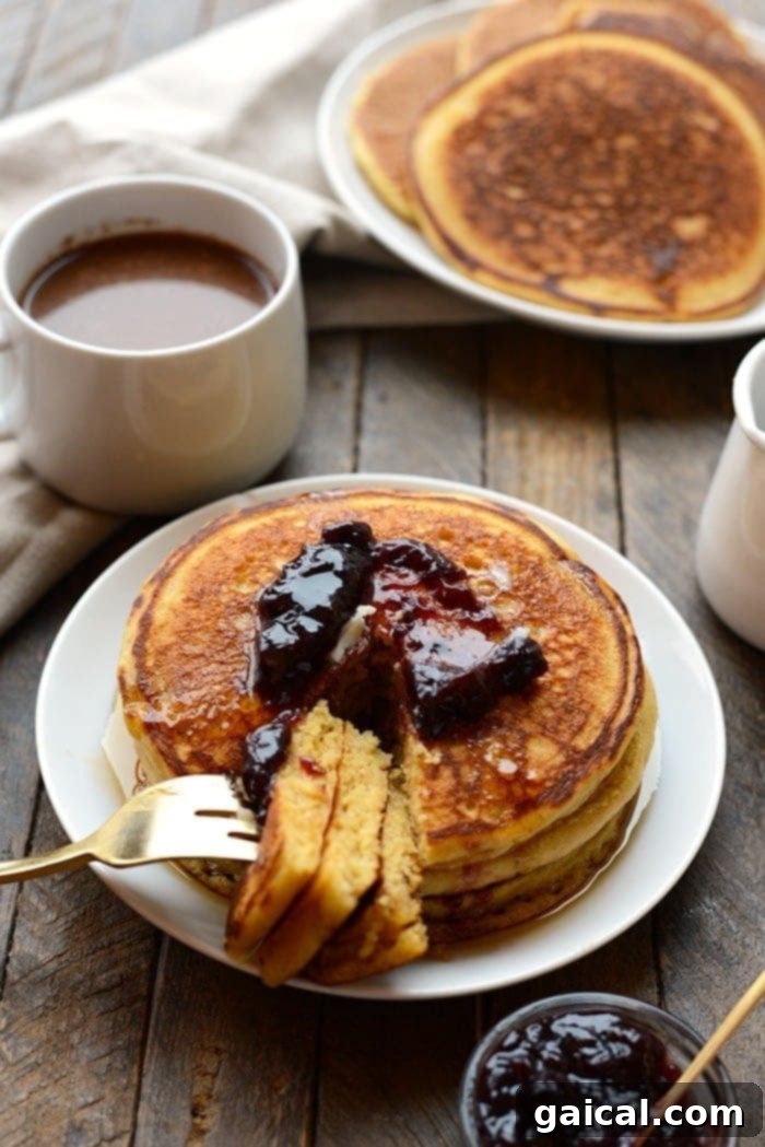 A hand taking a bite out of a stack of fluffy whole wheat cornmeal pancakes, showing the textured interior.