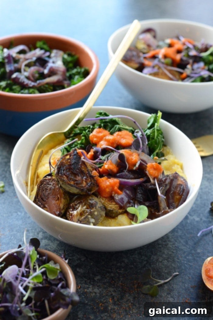 Caramelized Brussels & Creamy Polenta Bowls 2 Vegetarian Meal Prep Idea: Delicious Roasted Brussels Sprout Polenta Bowl with caramelized onions and kale. Perfect for healthy, plant-based meal prep.