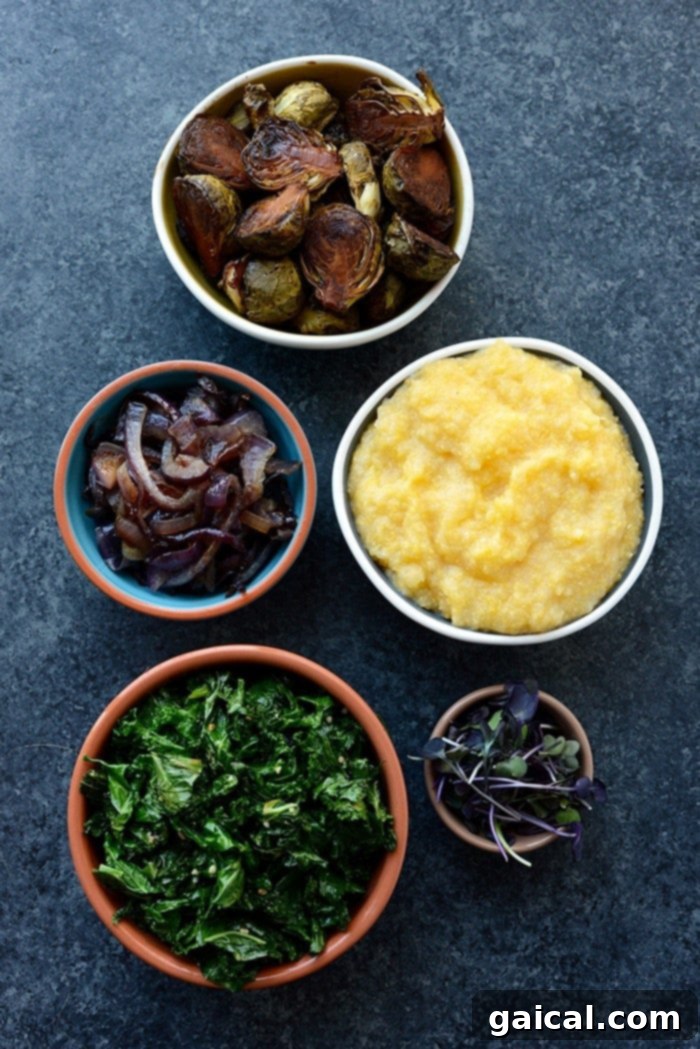 Caramelized Brussels & Creamy Polenta Bowls 3 Close-up of a vibrant vegetarian polenta bowl, showcasing roasted Brussels sprouts, caramelized onions, and fresh kale.
