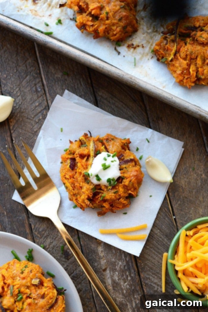 Crispy Baked Cheddar Sweet Potato Hash Browns Fritters Golden-brown baked cheddar sweet potato hash browns fritters ready to be served