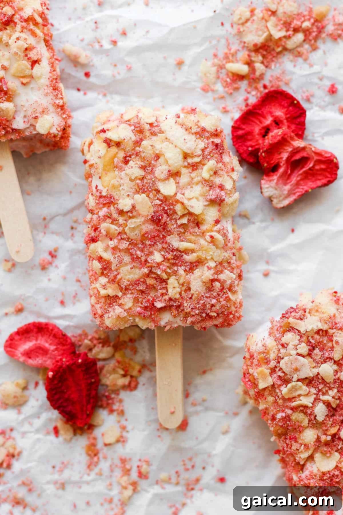Protein-Packed Strawberry Shortcake Ice Cream Bars 2 Vibrant strawberry popsicles resting on a sheet of parchment paper, highlighting their delicious texture and color.