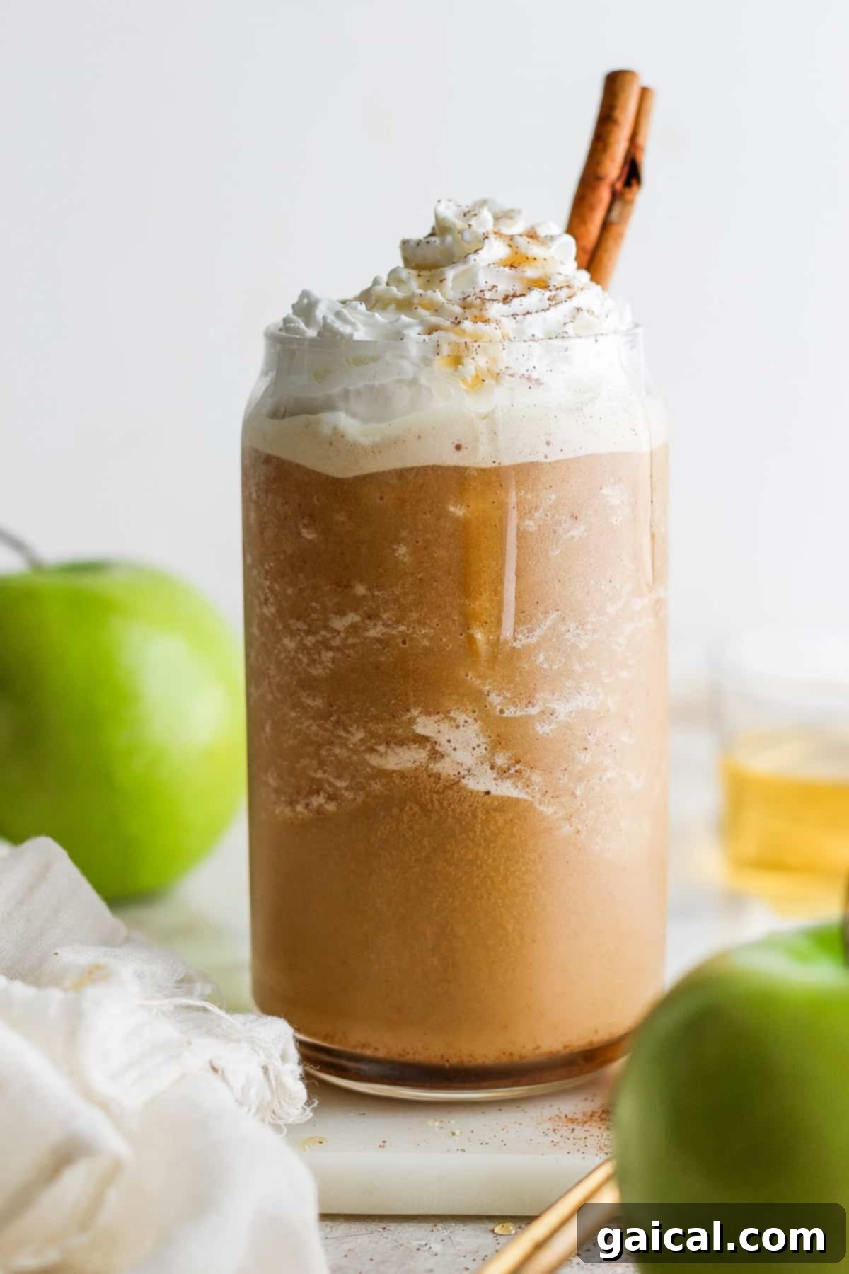 Maple Kissed Apple Crisp Oatmilk Blend 2 A mug with whipped cream, apple slices, and cinnamon sticks, embodying the essence of fall.