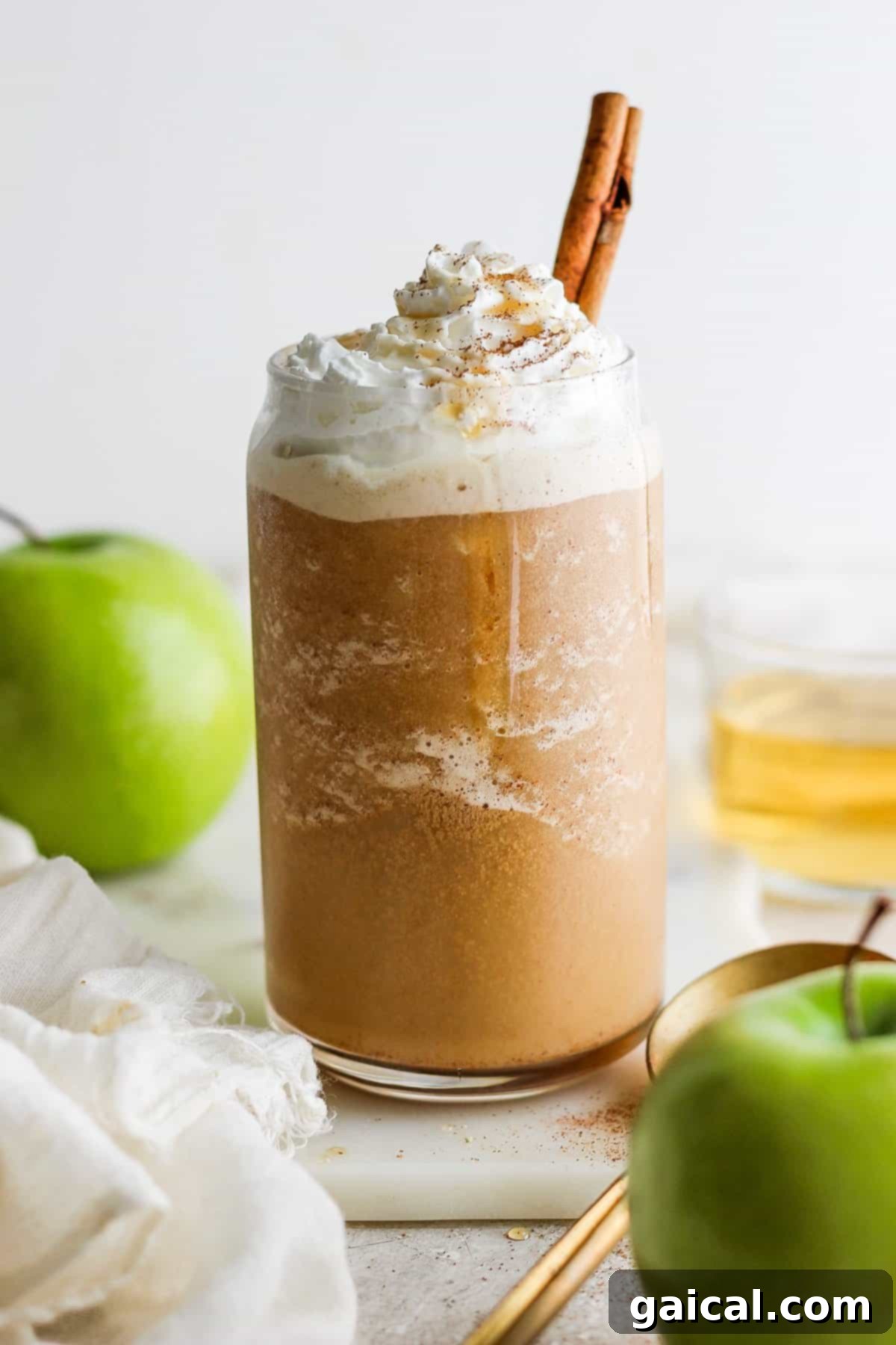 Maple Kissed Apple Crisp Oatmilk Blend 9 A pumpkin spice latte with whipped cream, garnished with apple slices and cinnamon sticks, for a full fall aesthetic.