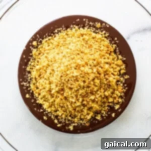 Melted chocolate and crispy quinoa being folded together in a mixing bowl, ensuring an even coating.