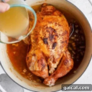 One-Pot Spanish Roast Chicken Dinner 12 A person pouring liquid over a chicken in a pot, preparing it for roasting.