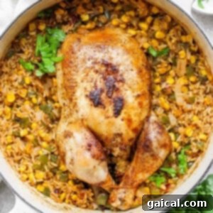 One-Pot Spanish Roast Chicken Dinner 8 A whole roasted chicken with Spanish rice and corn in a skillet, garnished with cilantro.