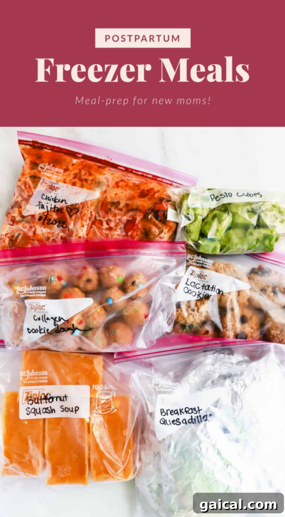 A selection of healthy postpartum freezer meals ready for new moms.