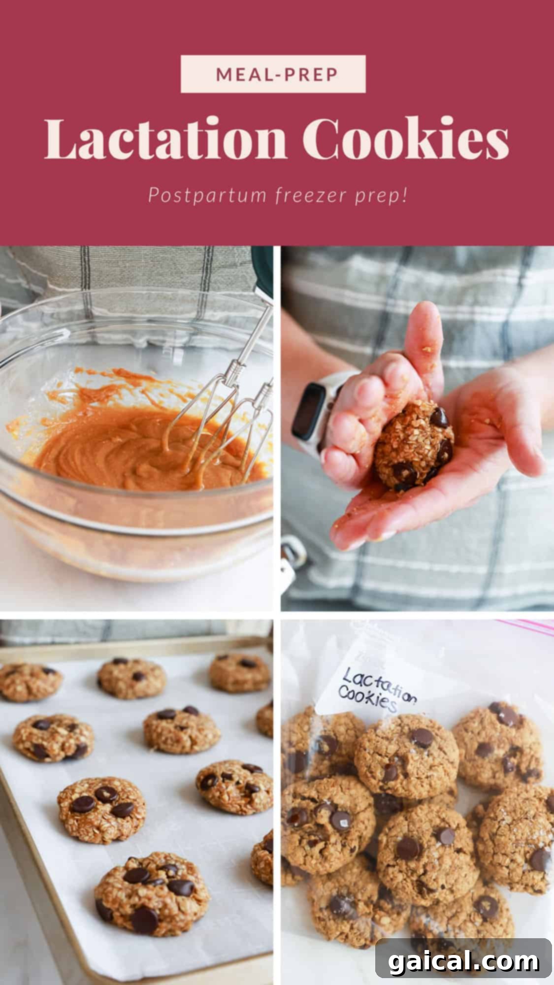 A visual recipe and images of freshly baked lactation cookies for new mothers.