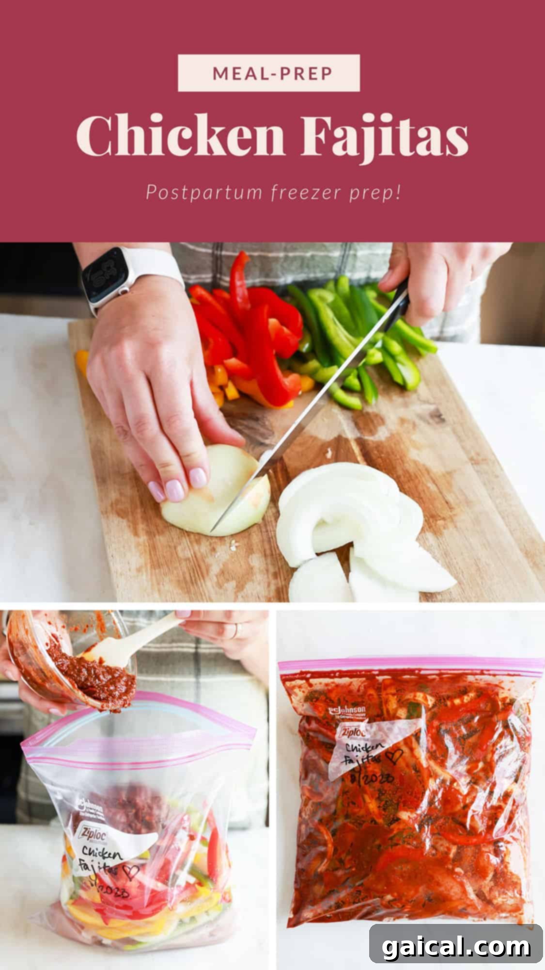 Raw chicken fajita ingredients expertly packaged in a plastic freezer bag, ready for storage.