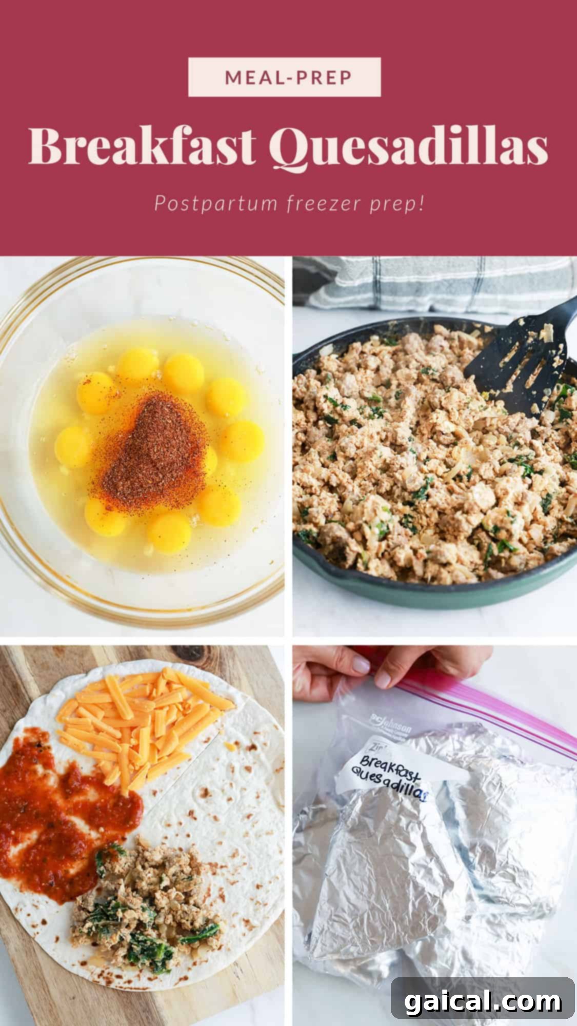 Multiple pictures showcasing a delicious recipe for make-ahead breakfast quesadillas.