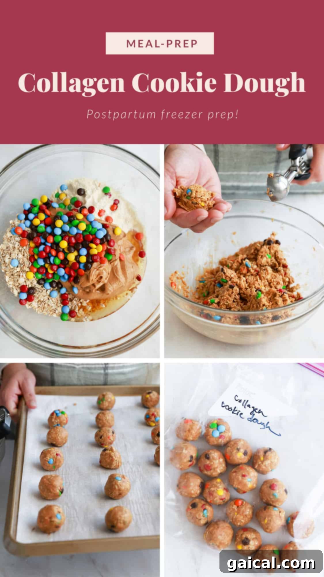 Visual guide and recipe pictures for making healthy collagen cookie dough bites.