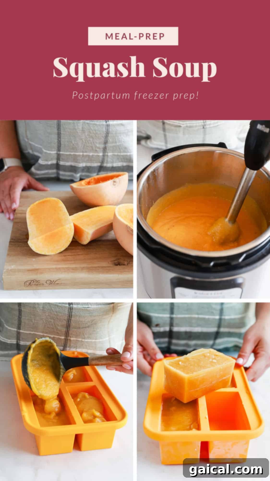 Step-by-step guide on how to prepare and freeze butternut squash soup in an Instant Pot.