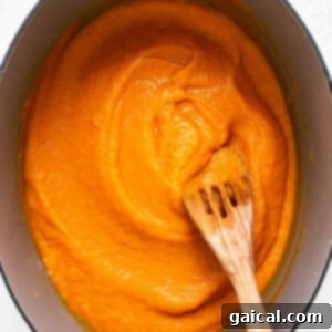 a wooden spoon in a pot of orange sauce.