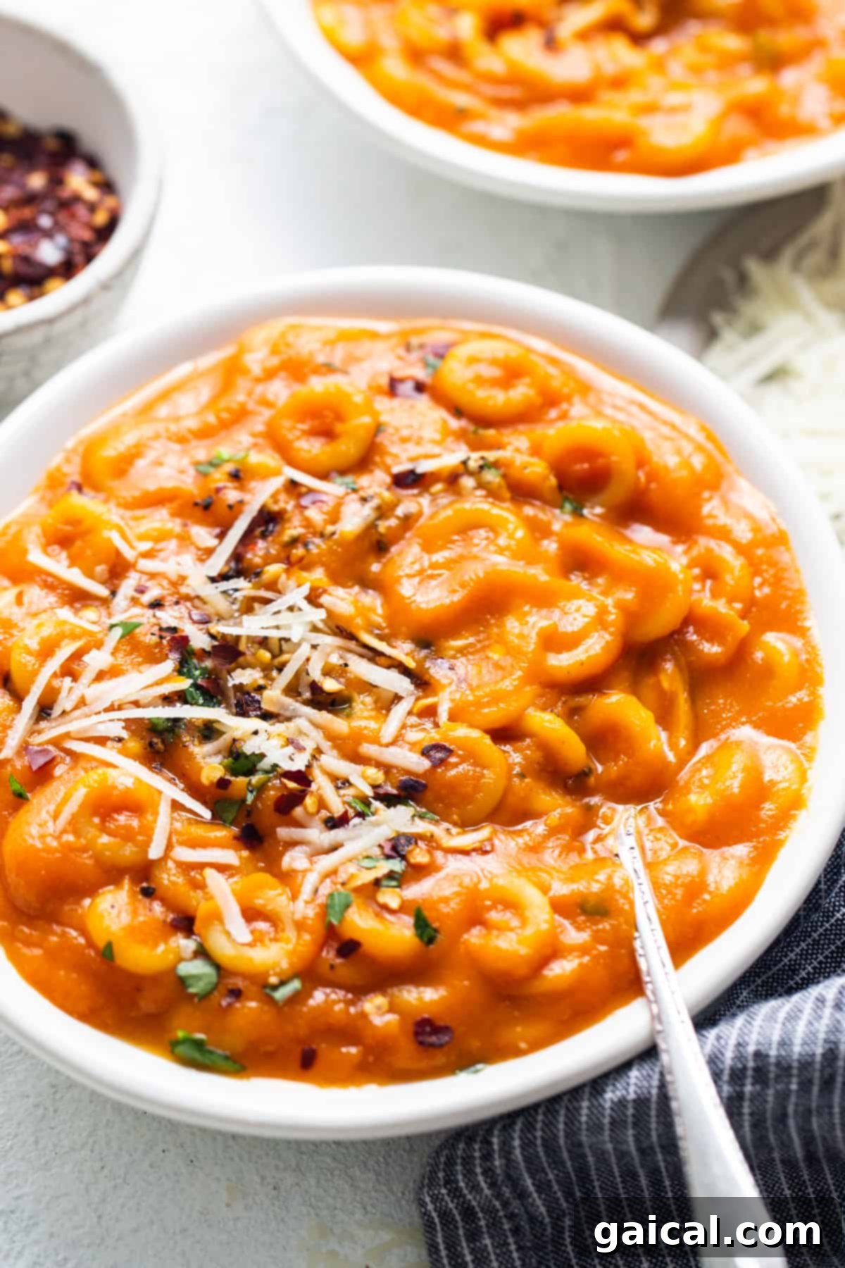 Stealthy One-Pan Spaghettios 7 a bowl of macaroni and cheese soup with a spoon.