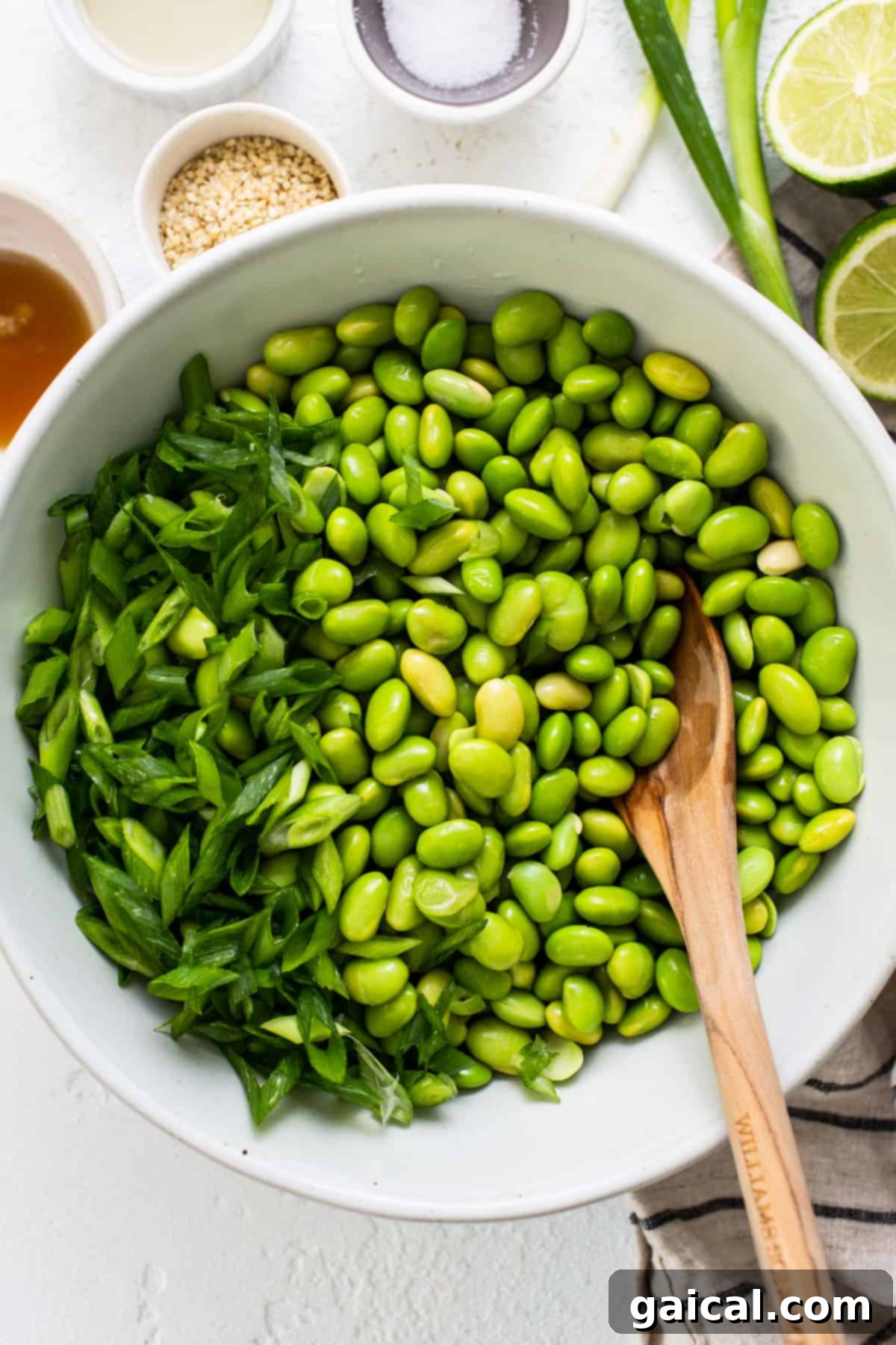 Golden Honey Chili Air Fryer Salmon Bites 3 A vibrant green edamame salad beautifully presented in a clean white bowl, featuring shelled edamame, sliced green onions, and sesame seeds, ready to be paired with the salmon.